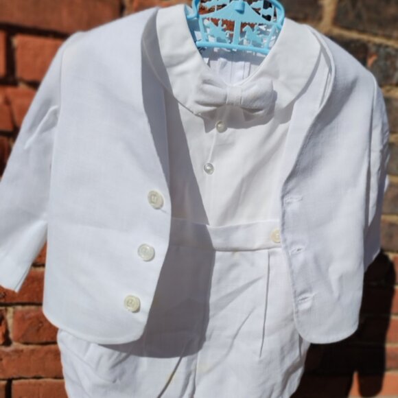 All White Linen Tuxedo Shorts w/ Suspenders Romper, Jacket & Bowtie Outfit 18mo - Picture 2 of 8